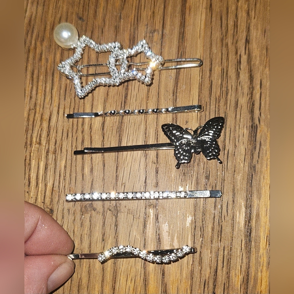 Silver Rhinestone & Pearl Hair Clip Set - Women's Hair Accessories BNIB